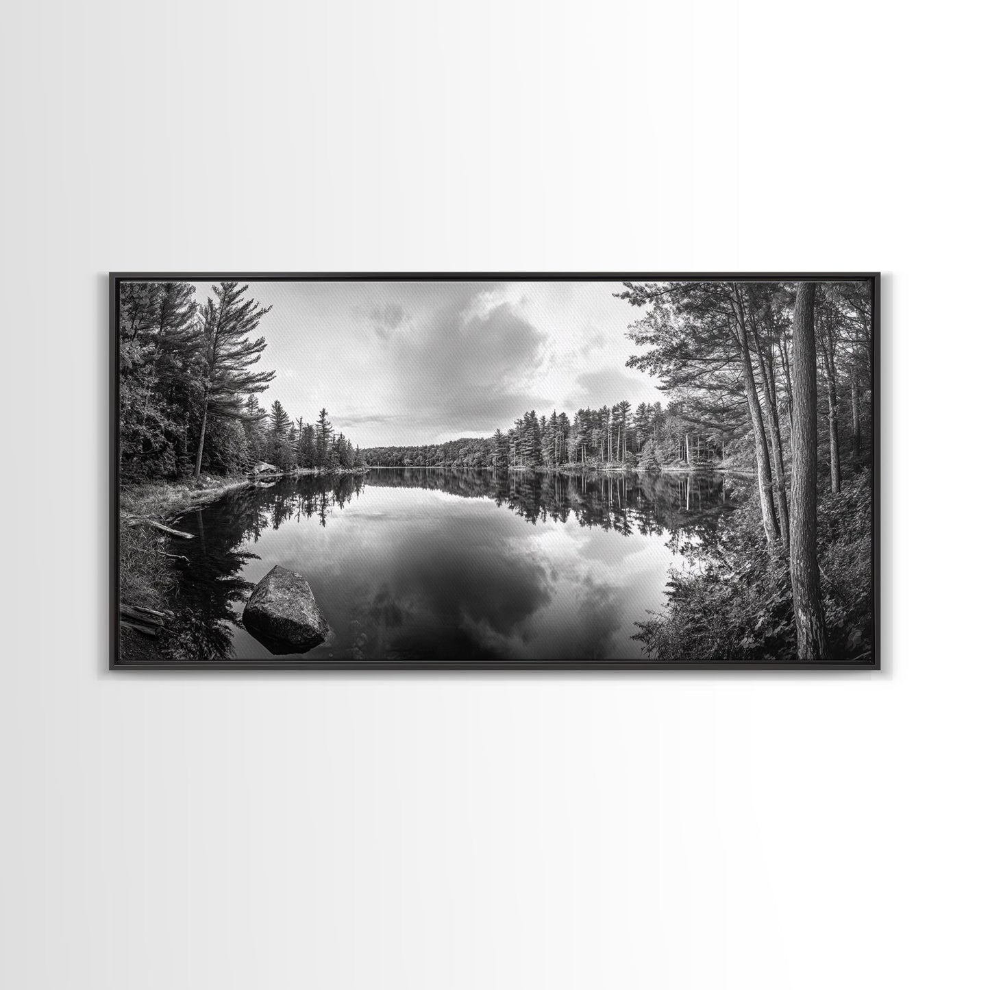 Lake reflection, pine tree art, landscape painting, wabi sabi art, rustic decor, panoramic painting, extra wide art, framed canvas print