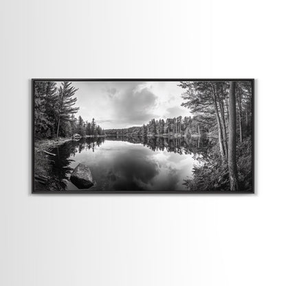 Lake reflection, pine tree art, landscape painting, wabi sabi art, rustic decor, panoramic painting, extra wide art, framed canvas print
