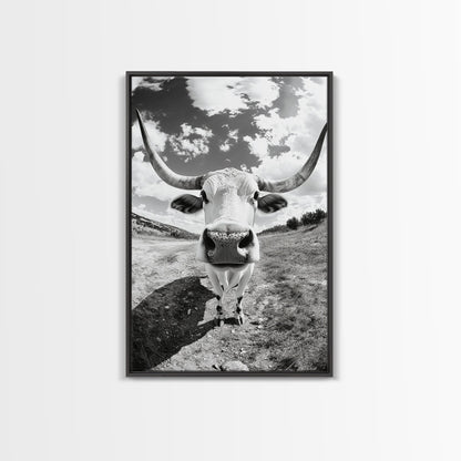 Texas Longhorn Close-up, bull and bear art, western decor, farmhouse art, rustic wall art, cowboy painting, framed canvas print
