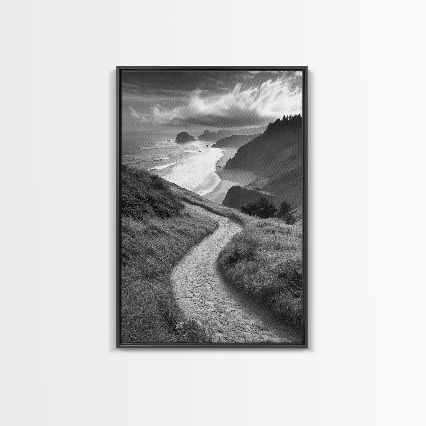 Coastal Pathway, coastal landscape art, seascape painting, nature trail print, ocean decor, beach house art, framed canvas print, nautical decor