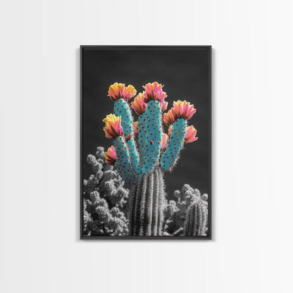 Cactus, desert flowers, vibrant nature art, framed canvas print, boho wall decor, southwest wall art, floral painting, Joshua tree art