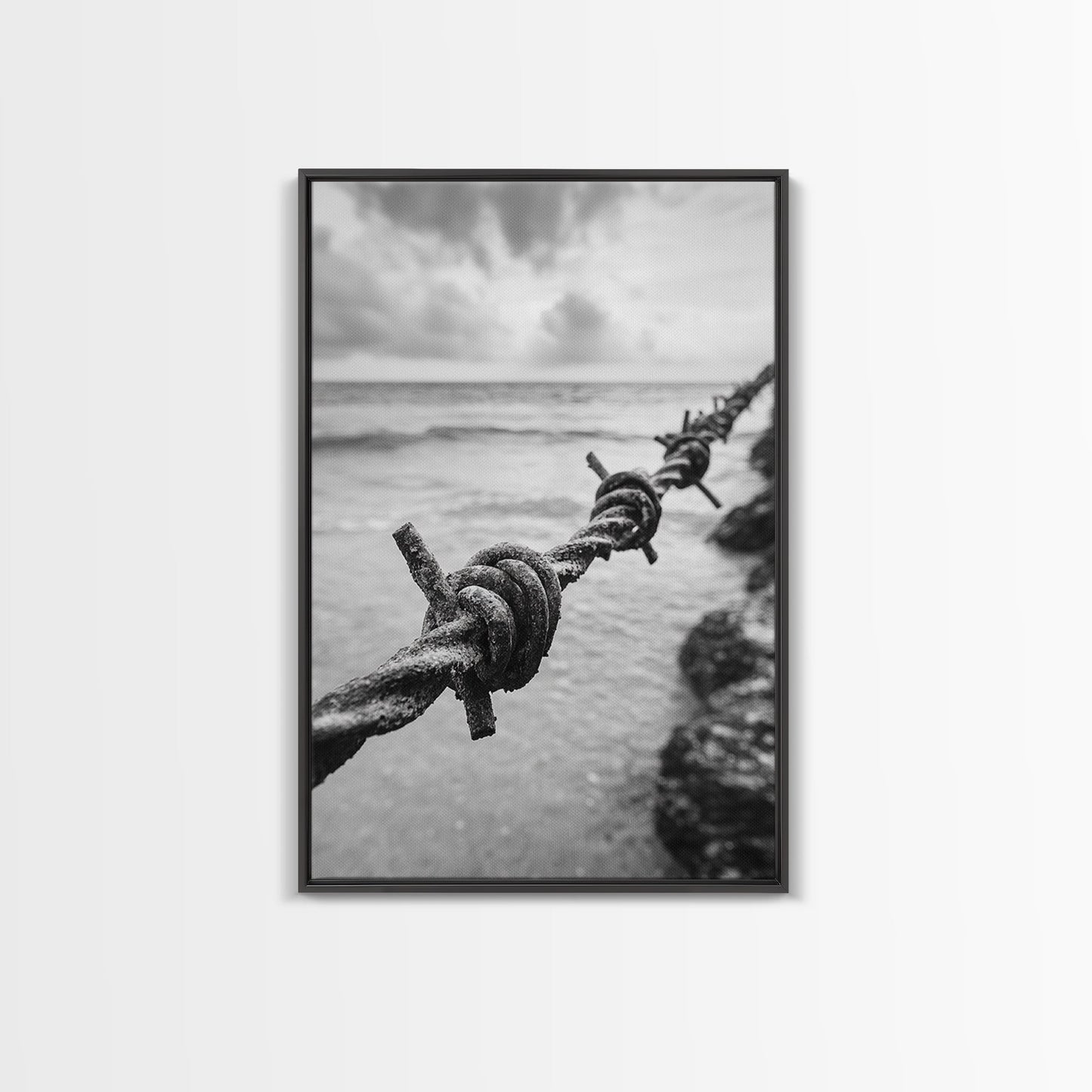 Barbed Wire, ocean view, rustic decor, coastal cowgirl wall art, wabi sabi art, moody photography, framed canvas print, minimalist art