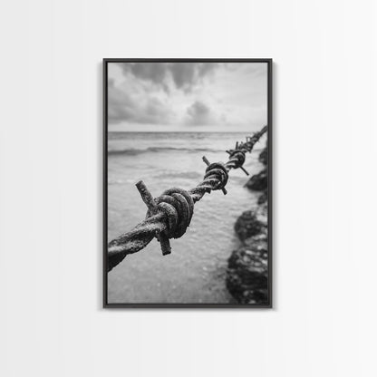 Barbed Wire, ocean view, rustic decor, coastal cowgirl wall art, wabi sabi art, moody photography, framed canvas print, minimalist art