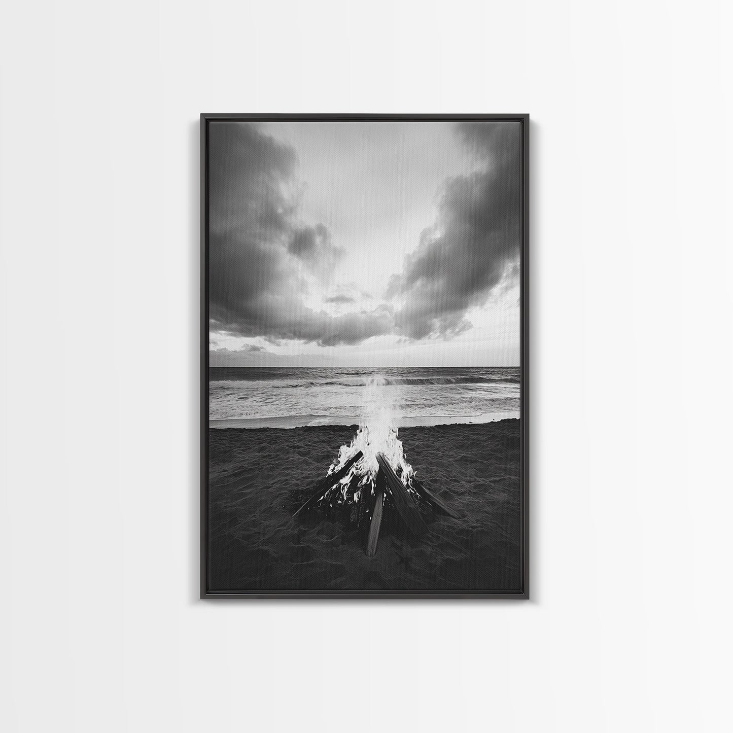 Beach Bonfire, coastal landscape art, rustic decor, moody art, dramatic seascape, black and white, framed canvas print, nautical wall art