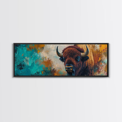 Bold bison painting, teal and orange art, rustic wall art, farmhouse decor, boho art, extra wide western painting, canvas print