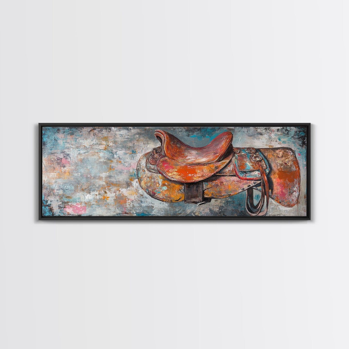Abstract Saddle, horse wall art, abstract art, rustic decor, extra wide art, framed canvas print, above sofa art, living room decor
