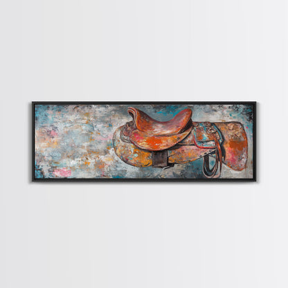 Abstract Saddle, horse wall art, abstract art, rustic decor, extra wide art, framed canvas print, above sofa art, living room decor