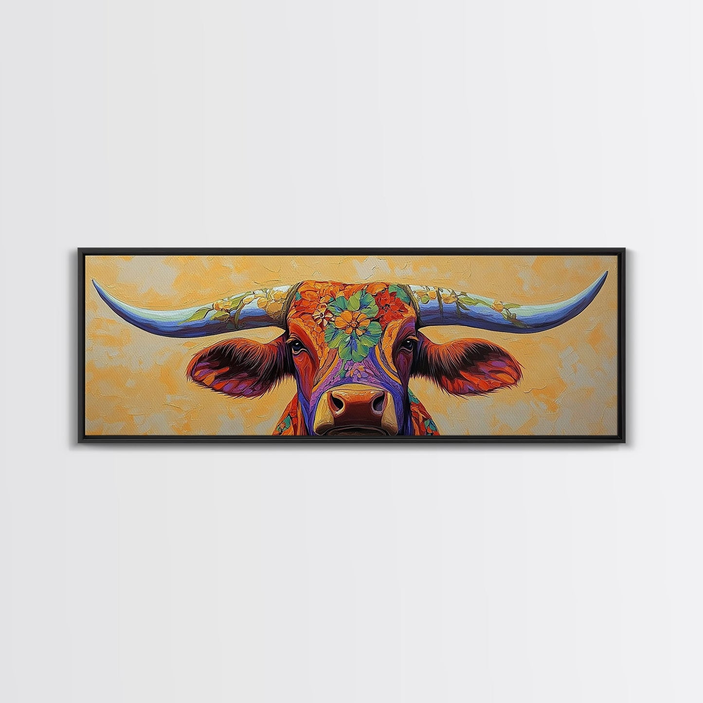 Floral Longhorn Art, Southwestern Wall Art, Texas Cow Art, Rustic Farmhouse Decor, Boho Art, Framed Canvas Print, Moody Art