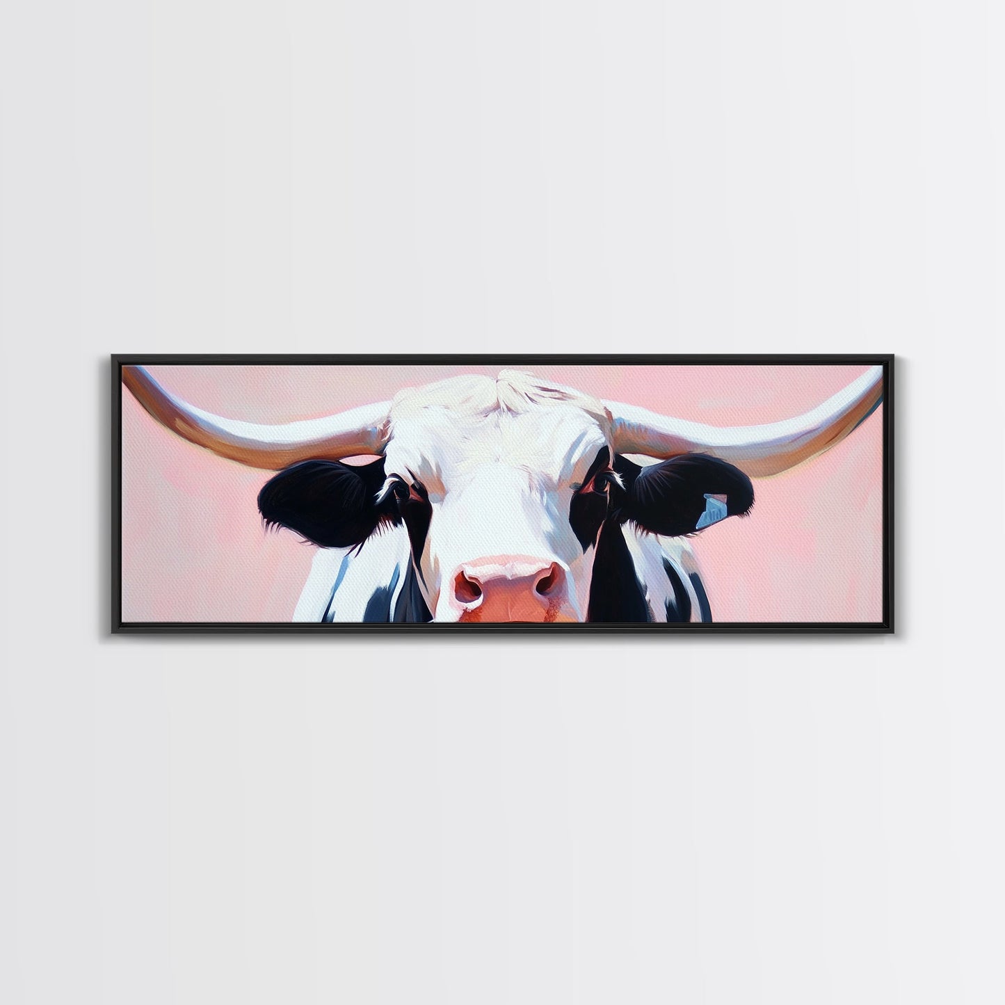Black and White Cow Art, Light Pink Wall Art, Southwest Wall Art, Coastal Cowgirl Wall Art, Framed Canvas Print, Rustic Decor