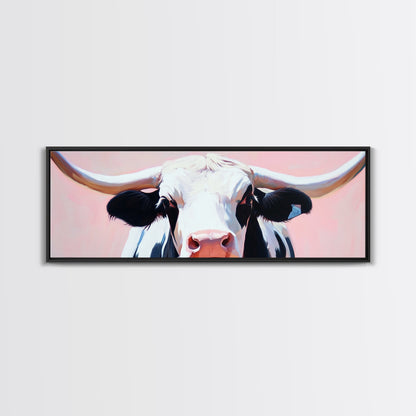 Black and White Cow Art, Light Pink Wall Art, Southwest Wall Art, Coastal Cowgirl Wall Art, Framed Canvas Print, Rustic Decor