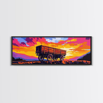 Sunset wagon, pink orange wall art, southwest wall art, geometric wall art, boho art, panoramic painting, framed canvas print, rustic decor