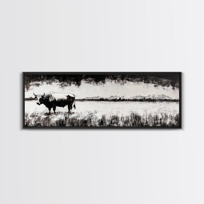 Bull and bear art, black and white painting, rustic wall art, farmhouse decor, extra wide art, framed canvas print, moody art, landscape painting