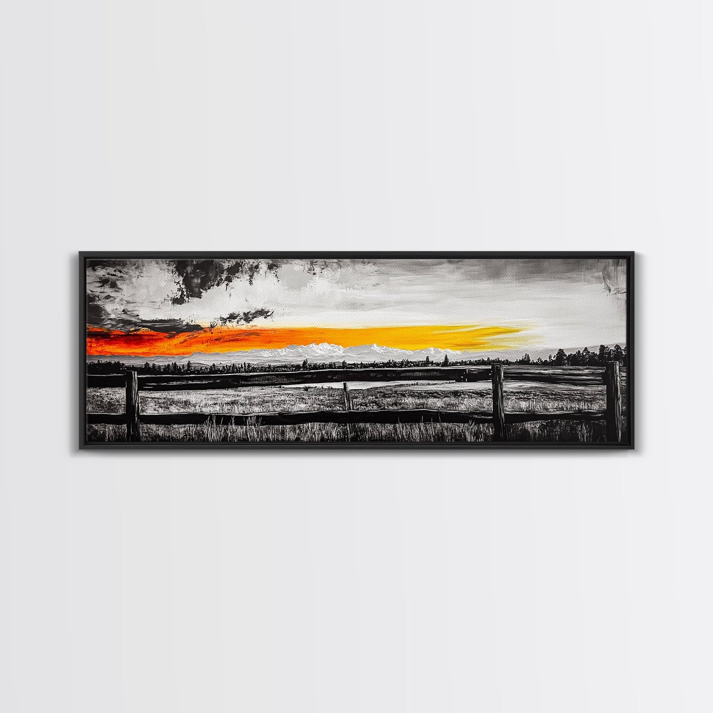 Fence at Sunset, moody landscape art, Joshua tree art, smoky mountain painting, dark romance art, extra wide art, framed canvas print