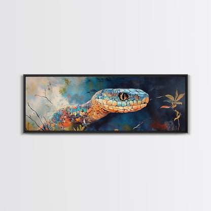 Vibrant Snake Painting, reptile wall art, wildlife decor, moody art, sacred geometry wall art, framed canvas print, extra wide art