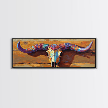 Bemalter Totenkopf, Stier- und Bärenmotiv, rustikale Dekoration, extra breites Kunstwerk, Wandkunst im Südwest-Stil, rosa-orangefarbene Wandkunst, gerahmter Leinwanddruck