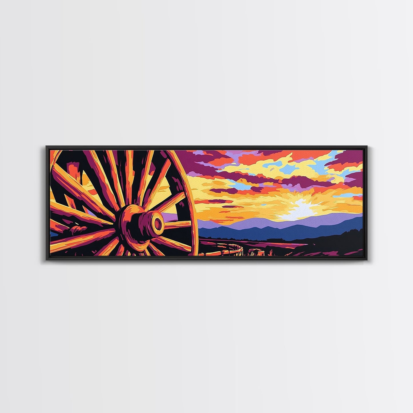 Lebendiger Sonnenuntergang mit Wagen, abstrakte Kunst in Rosa, Mohnblumen-Wandkunst, Boho-Kunst, Panoramagemälde, extra breites Kunstwerk, gerahmter Leinwanddruck, Vintage-Wandkunst