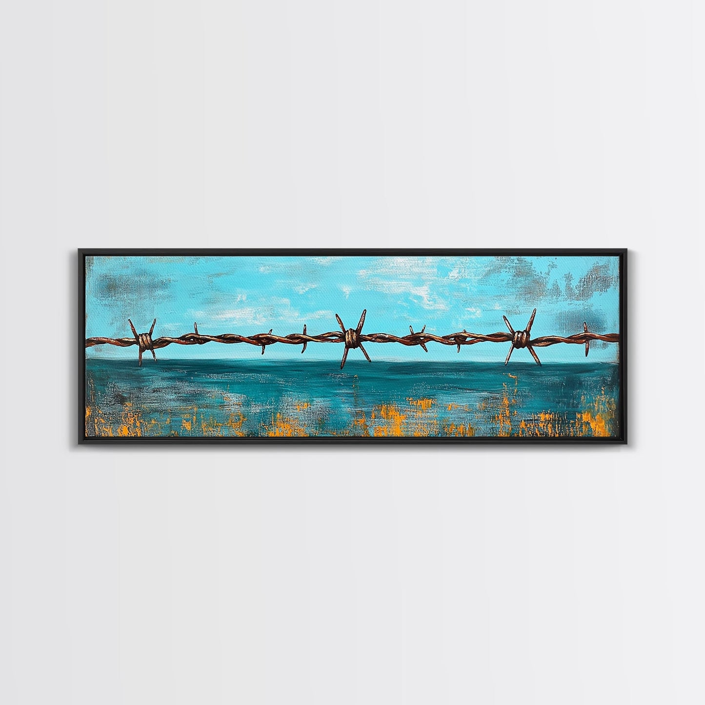 Barbed Wire Ocean, coastal decor, rustic art, farmhouse painting, minimalist painting, extra wide art, framed canvas print, moody art