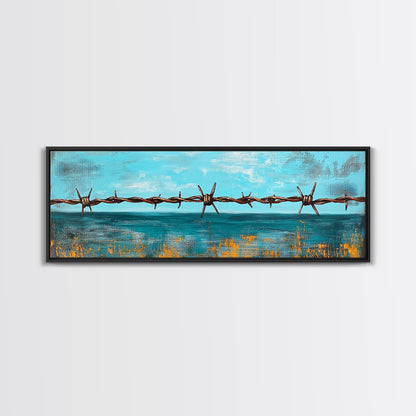 Barbed Wire Ocean, coastal decor, rustic art, farmhouse painting, minimalist painting, extra wide art, framed canvas print, moody art