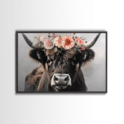 Framed Canvas Wall Art, Cute Cow Wearing Flowers, Farmhouse Decor, Farmhouse Wall At, Extra Large Boho Decor, Modern Art, Minimalist Rustic