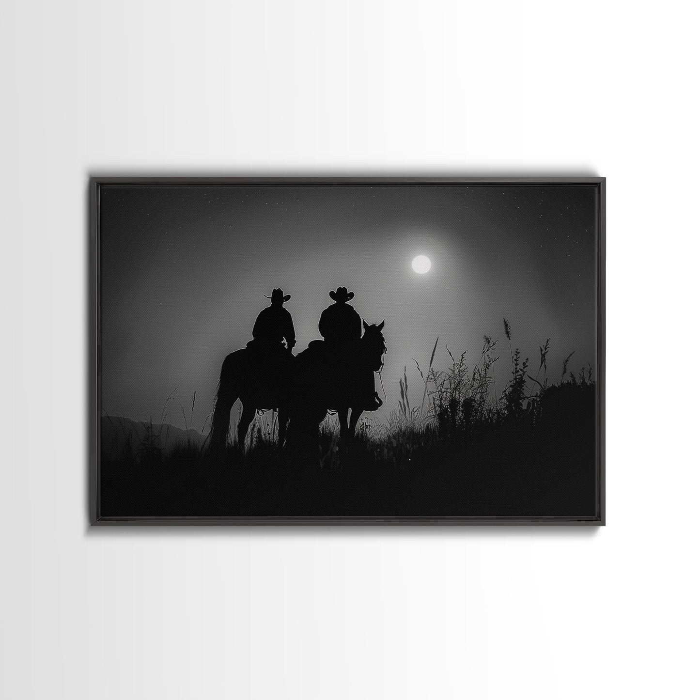 Cowboys Under A Full Moon, Framed Canvas Print, Black and White Western Photography, Wild West Art, Western Decor, Farmhouse Country Art