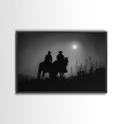 Cowboys Under A Full Moon, Framed Canvas Print, Black and White Western Photography, Wild West Art, Western Decor, Farmhouse Country Art