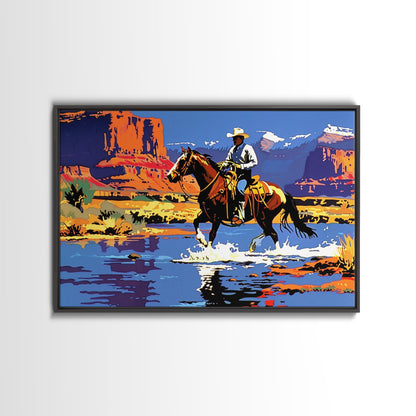 Crossing The Colorado River, Framed Canvas Print, Kitsch Western Wall Art, Colorful Western Painting Original Artwork, Pop Art Painting