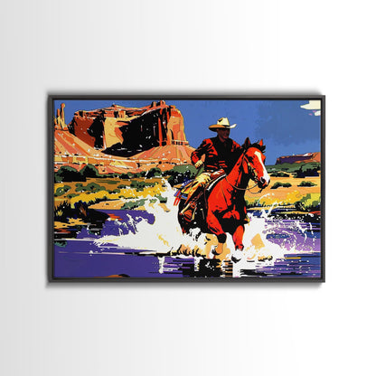 Crossing The Colorado River, Framed Canvas Print, Kitsch Western Wall Art, Colorful Western Painting Original Artwork, Pop Art Painting