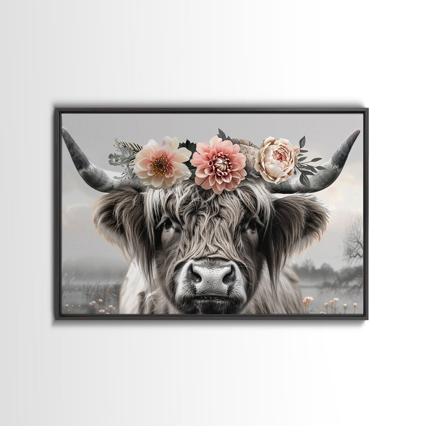 Cute Framed Canvas Wall Art, Cute Cow Wearing Flowers, Farmhouse Decor, Farmhouse Wall At, Extra Large Boho Decor, Minimalist Modern Art