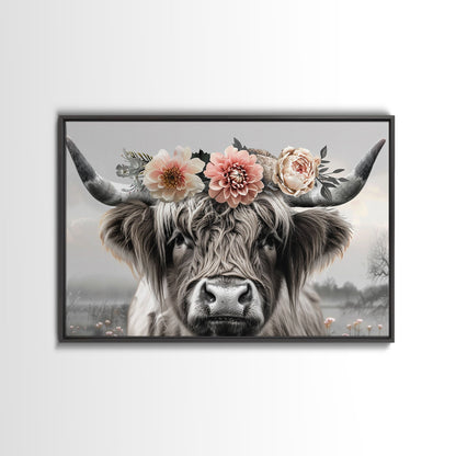 Cute Framed Canvas Wall Art, Cute Cow Wearing Flowers, Farmhouse Decor, Farmhouse Wall At, Extra Large Boho Decor, Minimalist Modern Art