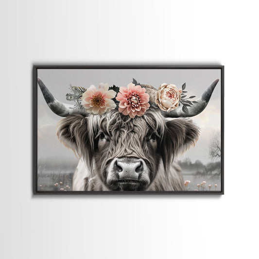Cute Framed Canvas Wall Art, Cute Cow Wearing Flowers, Farmhouse Decor, Farmhouse Wall At, Extra Large Boho Decor, Minimalist Modern Art