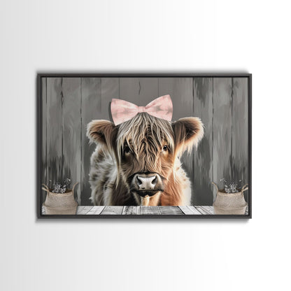 Framed Wall Art Texas Cattle, Wood Framed Canvas Print, Farmhouse Decor, Minimalist Rustic Farmhouse Painting, Cute Nursery Wall Art