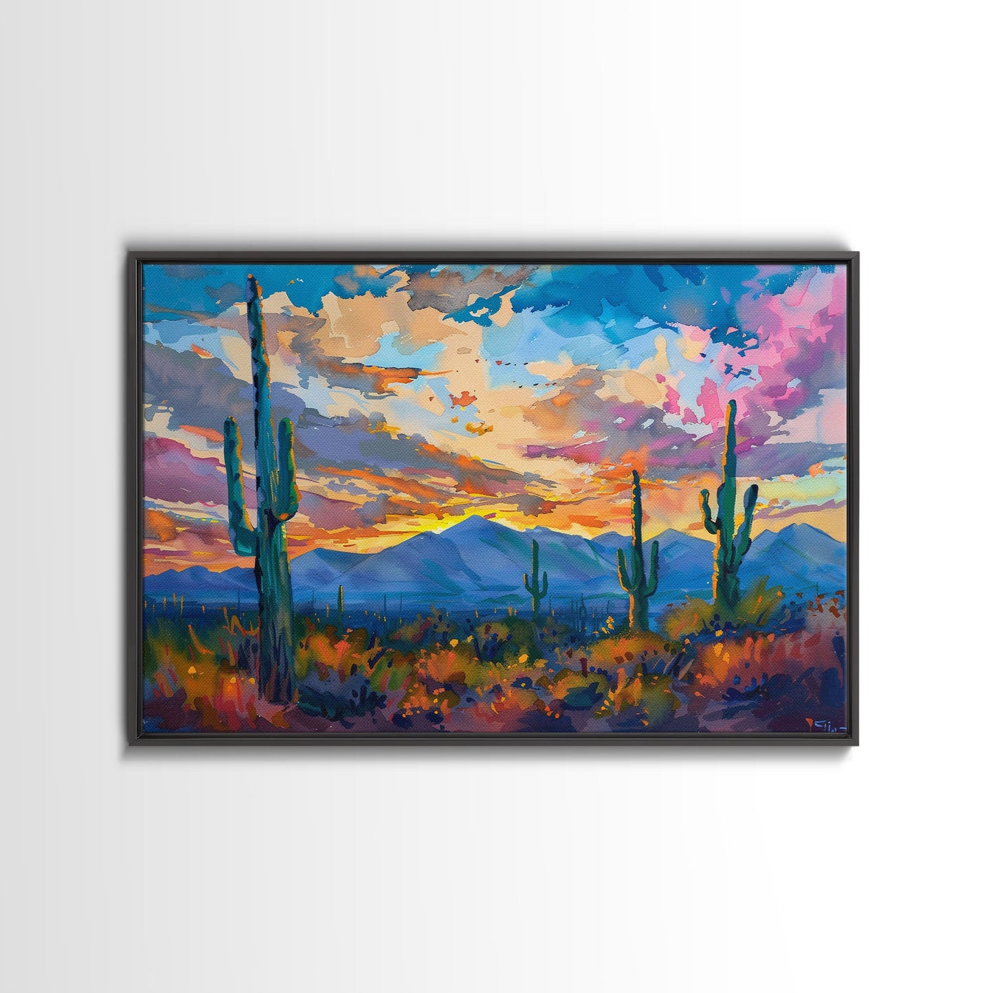 Cactus Under A Beautiful Sunset, Pop Art Style, Mid Century Modern Framed Canvas Print or Metal Art, Desert Scene Wall Art, Abstract Desert
