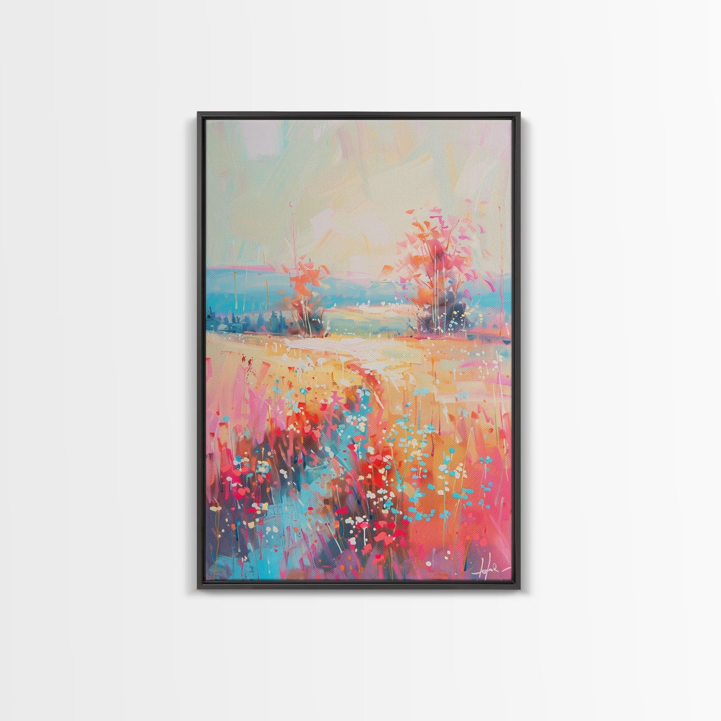 Luminous Landscape with Wildflowers - Framed Canvas Print, Radiant Living Room Art, Bright Bedroom Decor, Colorful Flower Art, Wall Art