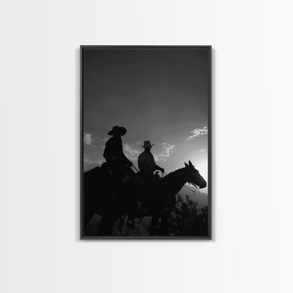 Two Cowboys Riding at Sunset in a Serene Black and White Western Landscape for Wall Art, Canvas Prints, Home Decor, Living Room Art