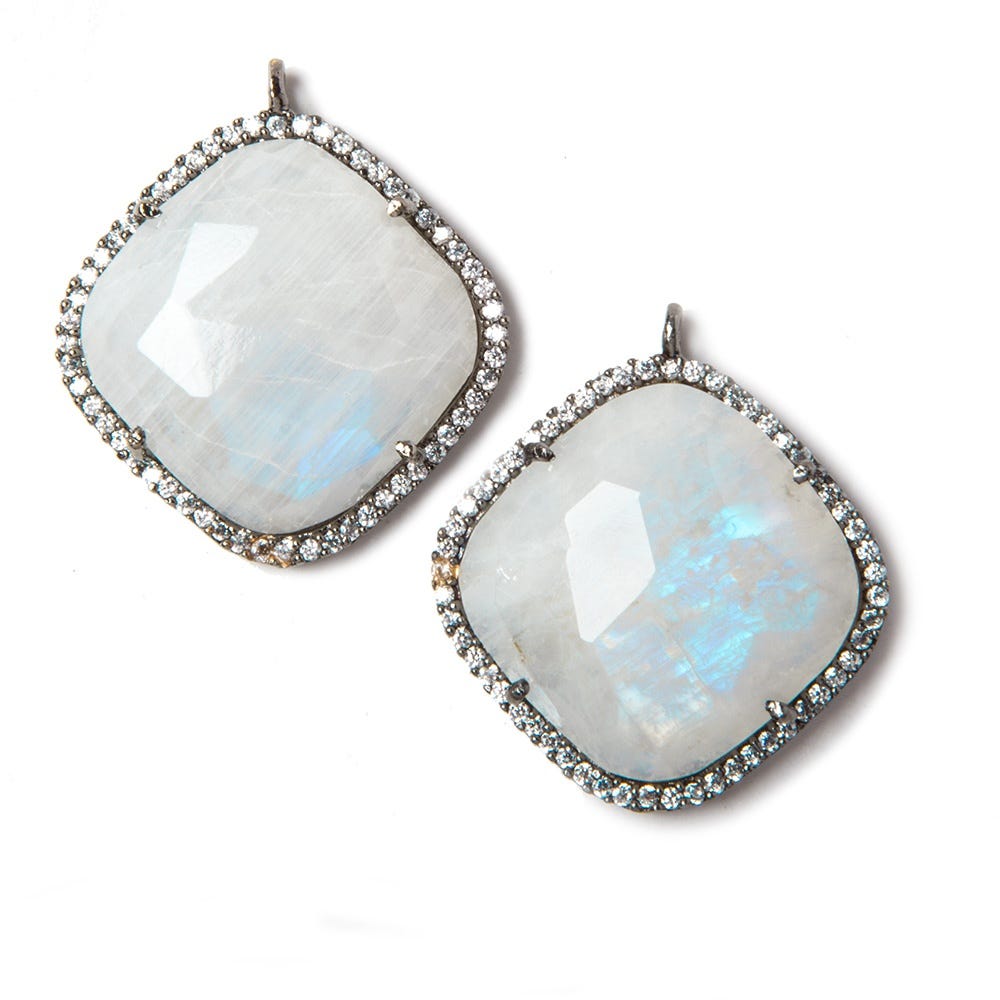 20.5mm Black Gold Bezeled White CZ & Rainbow Moonstone Pillow Pendant 1 pc