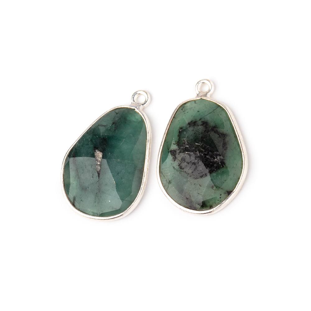20.5x15.5mm .925 Silver Bezel Emerald Faceted Freeform Set of 2 Pendants