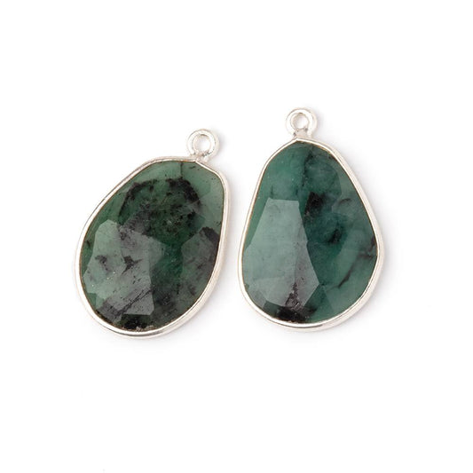 21x15.5mm .925 Silver Bezel Emerald Faceted Freeform Set of 2 Pendants