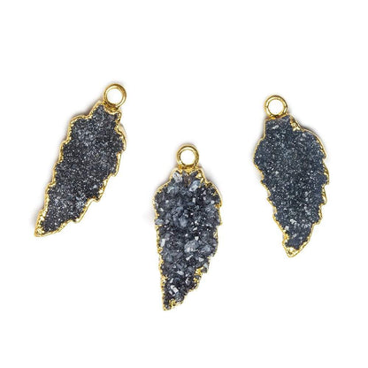 21x9mm Gold Leafed Grey Black Drusy Feather Pendant 1 piece