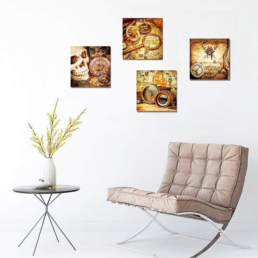 Nautical Elegance: Pirate Ship Compass Wall Art - 4 Piece Framed Watercolor Canvas Prints for Home, Office & Bathroom Decor
