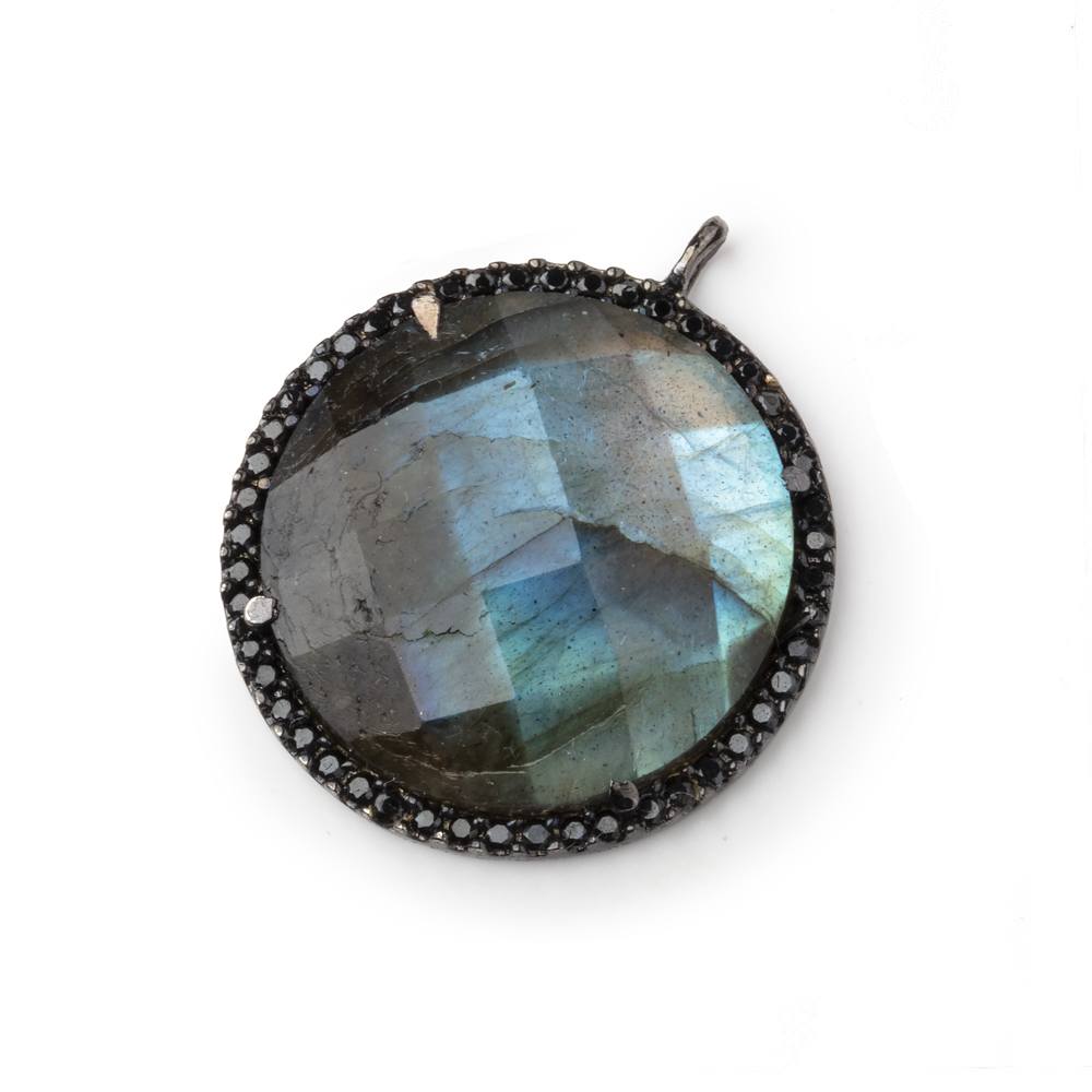 23mm Black Gold & Black CZ Bezel Labradorite Coin Pendant 1 Focal Bead