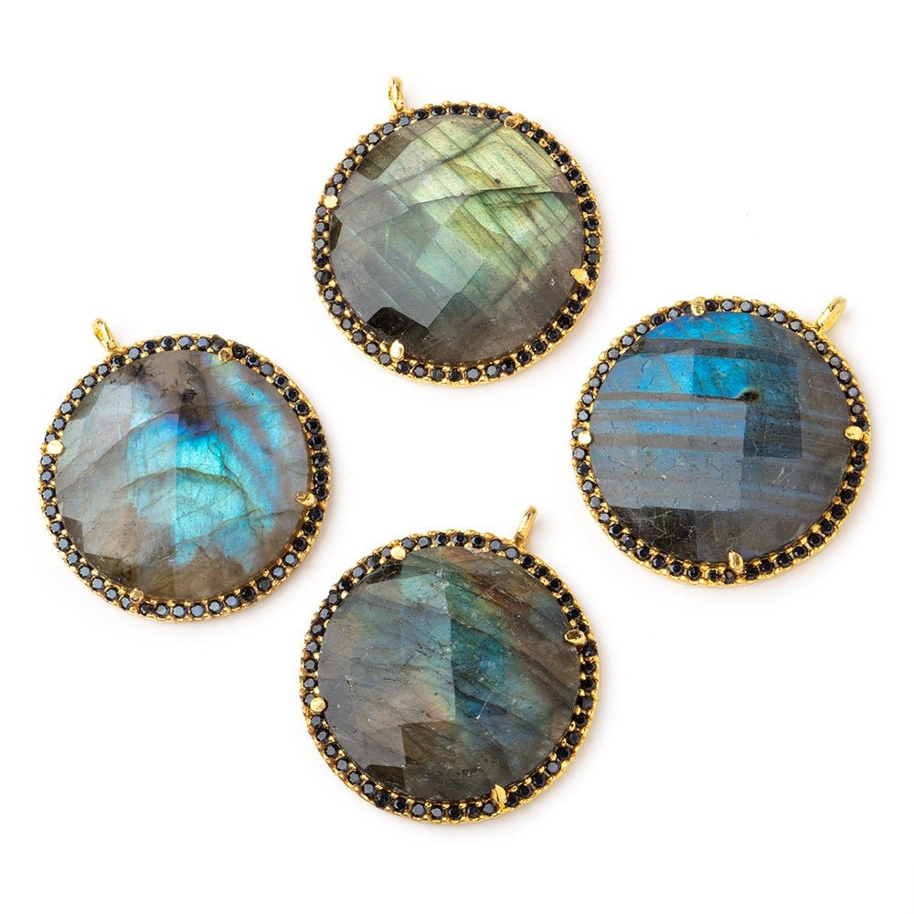 23mm Vermeil & Black CZ Bezel Labradorite Coin Pendant 1 Focal Bead