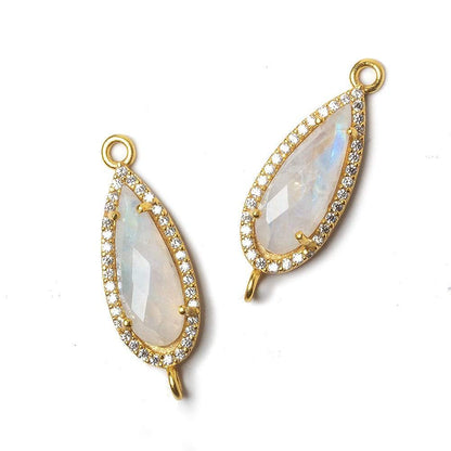 23x10mm Vermeil Bezeled White CZ & Rainbow Moonstone Pear Connector 1 pc