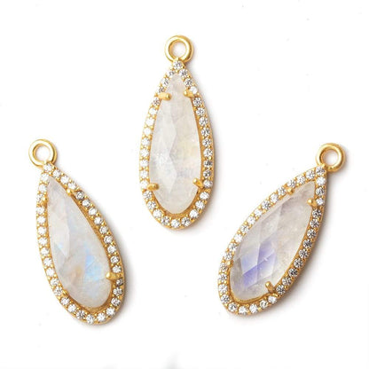 23x10mm Vermeil Bezeled White CZ & Rainbow Moonstone Pear Pendant 1 pc