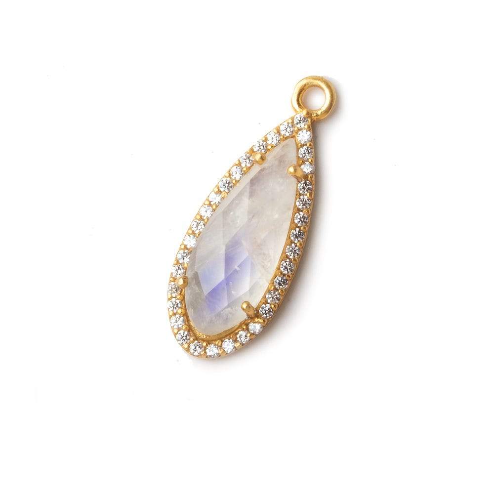 23x10mm Vermeil Bezeled White CZ & Rainbow Moonstone Pear Pendant 1 pc