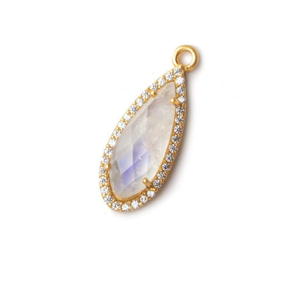 23x10mm Vermeil Bezeled White CZ & Rainbow Moonstone Pear Pendant 1 pc