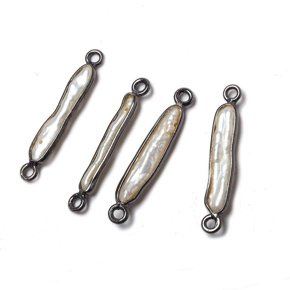 23x4mm Black Gold Bezeled White Biwa Pearl Connector Set of 4