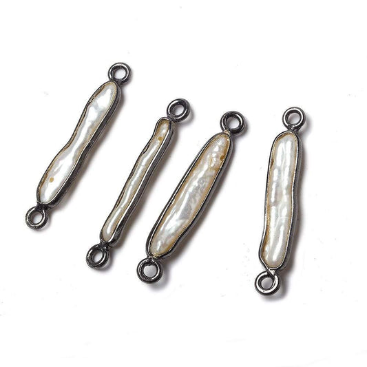 23x4mm Black Gold Bezeled White Biwa Pearl Connector Set of 4