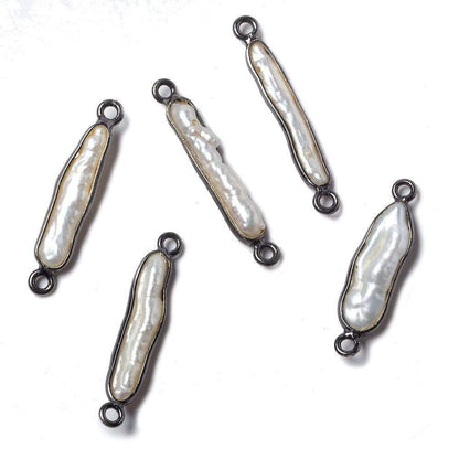24x5mm Black Gold Bezeled White Biwa Pearl Connector 1 piece