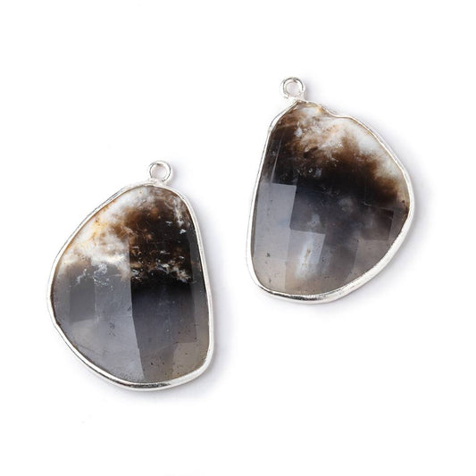 25x19mm .925 Silver Bezel Dendritic Agate Faceted Freeform Set of 2 Pendants