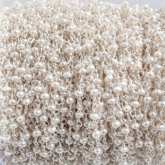 2.5x2mm White Baroque Freshwater Pearl Sterling Silver Chain by the foot